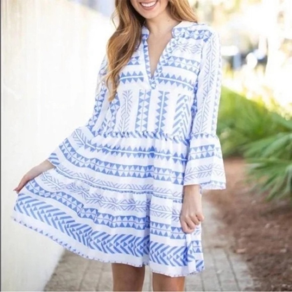 Arthur Jane Claire Till Tiered Blue White Abstract Boho Dress Size Small‎